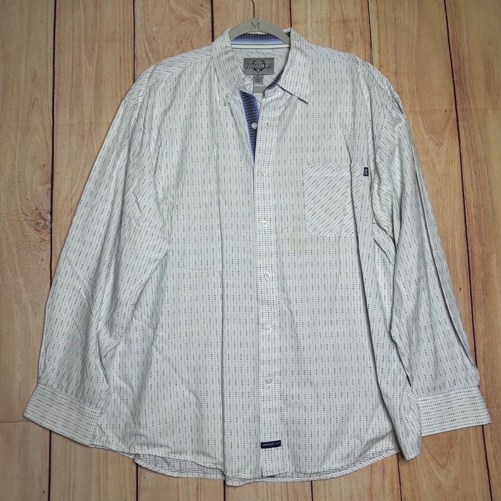 Cowboy Up Button Down Shirt Mens XL White Blue Geometric Western Ranchwear
